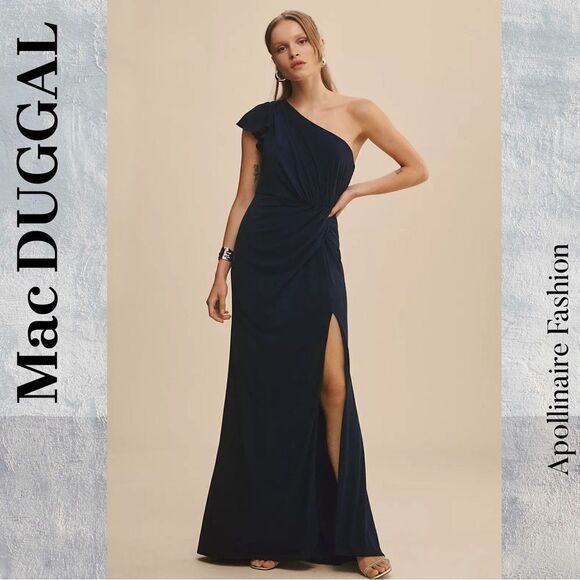 MAC DUGGAL ONE SHOULDER RUFFLED DRAPED COLUMN GOWN IN NAVY SIZE 14 NEW - Picture 1 of 8